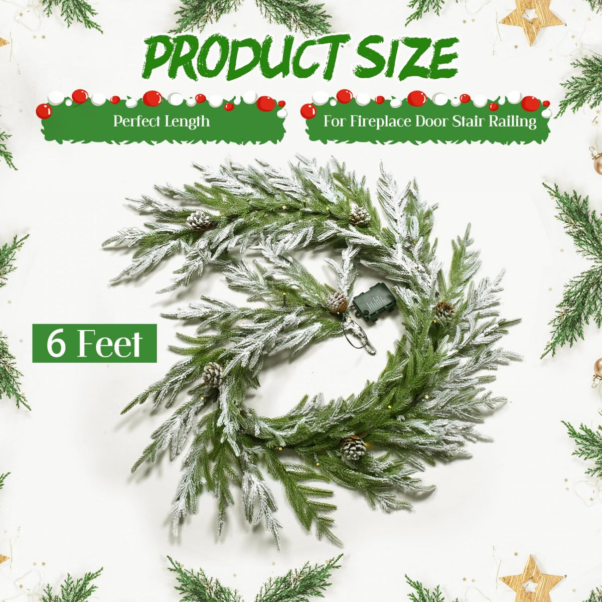 YoleShy 6FT Real Touch Norfolk Pine Garland Christmas Garland with Pinecone and White Snow Battery Operated Prelit Garland Christmas Decorations for Mantle Fireplace Xmas Home Decor