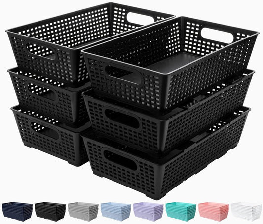 Tiawudi Stackable Woven Plastic Basket, Storage Bins for Cabinet, Closet, Shelf, Under Sink and Countertop, Pantry Organizer Bins, 6 Pack