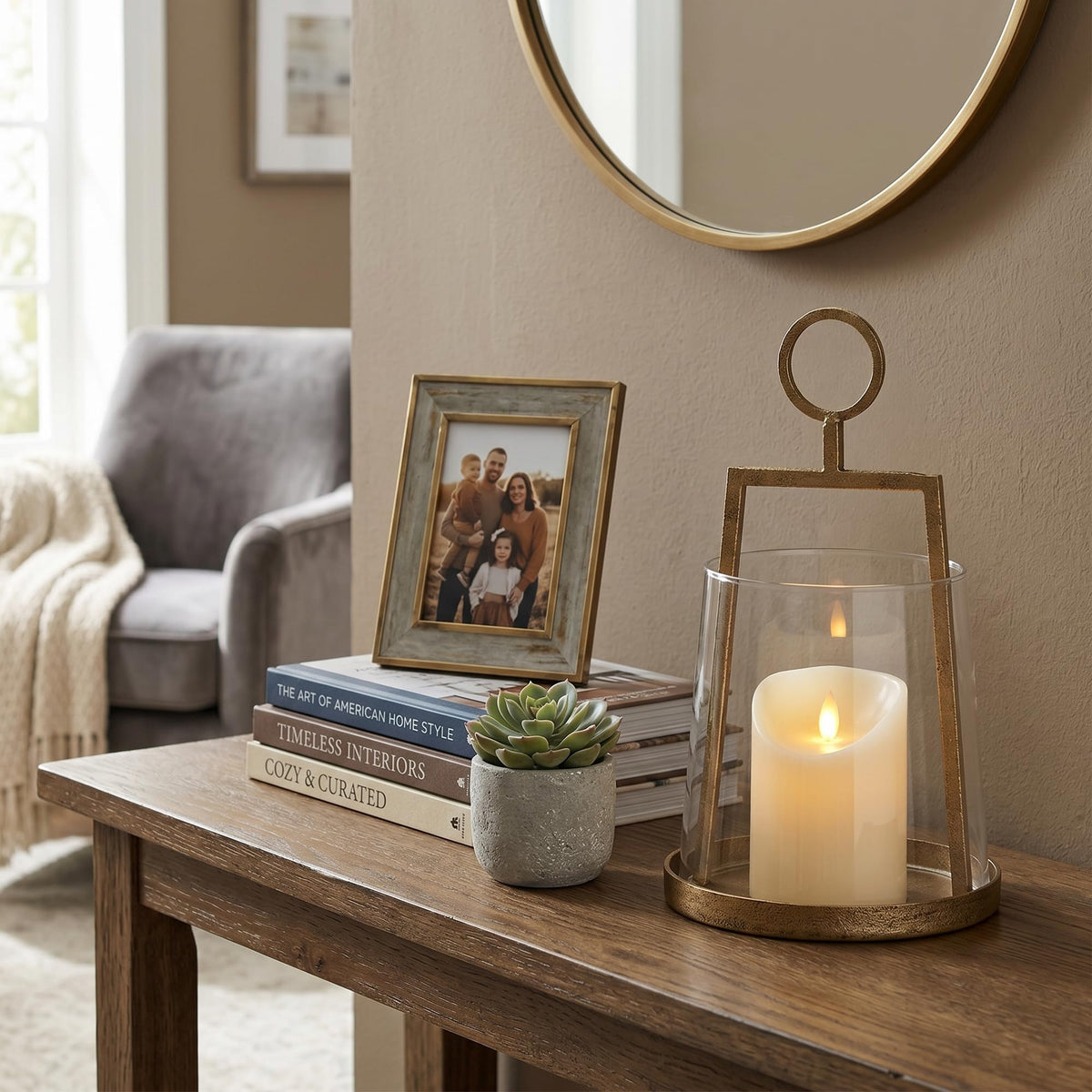 Modern Farmhouse Hurricane Candle Holder, Antique Brass Metal Centerpiece with Sturdy Glass Sleeve, Tabletop Geometric Lantern for Pillar Candles, Plants & Home Decor (6" x 10")