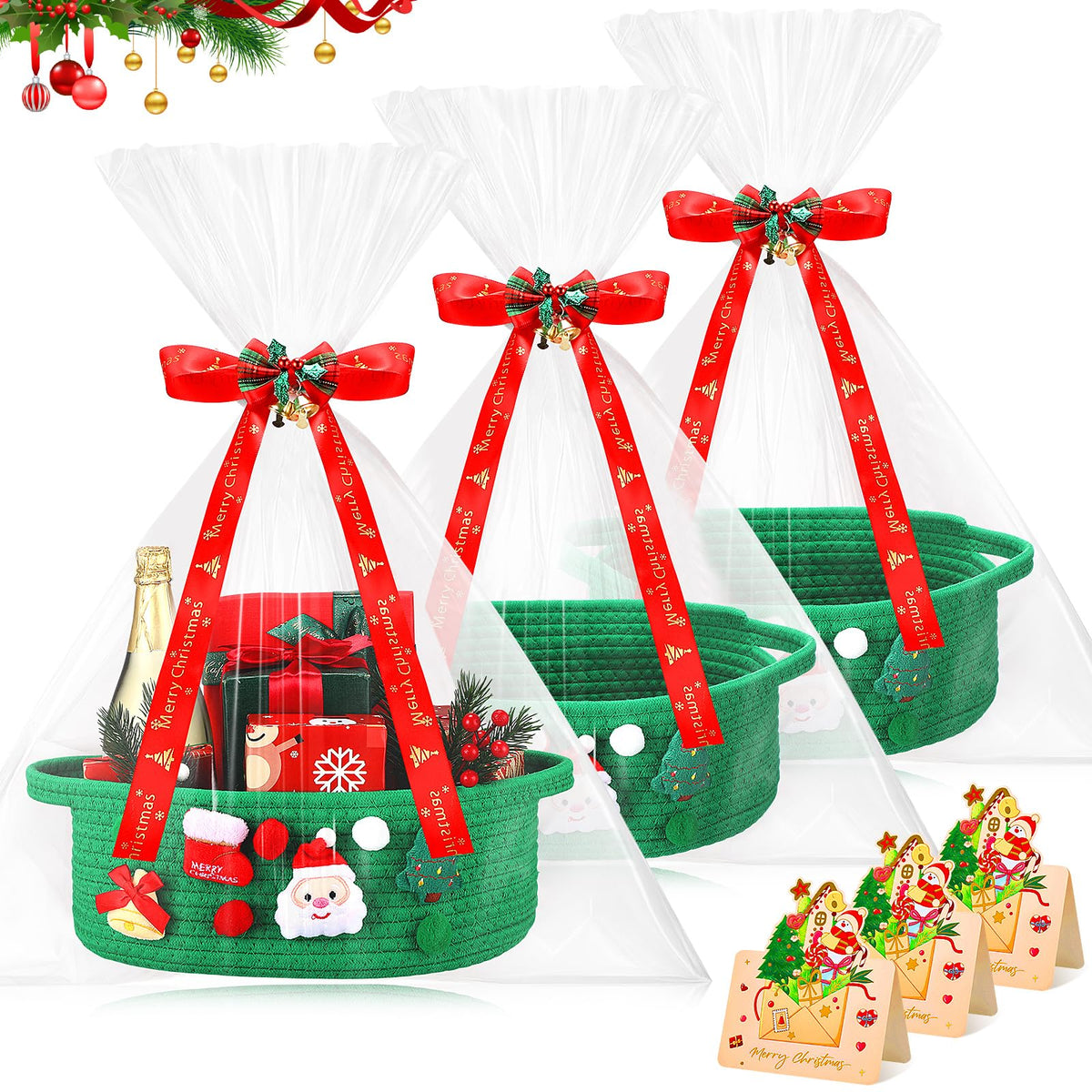 Funnymoom 3 Set Christmas Gift Basket Empty Small Woven Basket with Gift Bag Bow Ribbon Xmas Card 12" x 8" x 5" Cotton Rope Storage Bin with Handle for Christmas Holiday Decoration(Green,Classic)