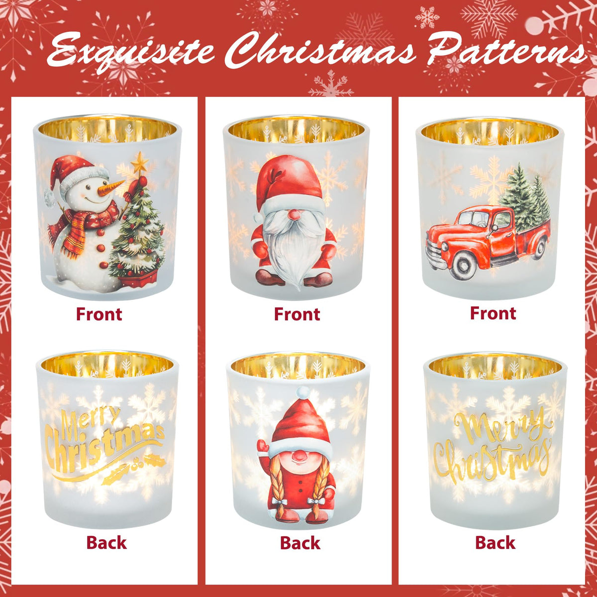 Christmas Votive Candle Holders, Set of 3 White Gold Red Glass Candle Holder for Christmas Table Centerpieces, Xmas Tea Light Holders with Gnomes Truck Snowman for New Year Holiday Party Decor