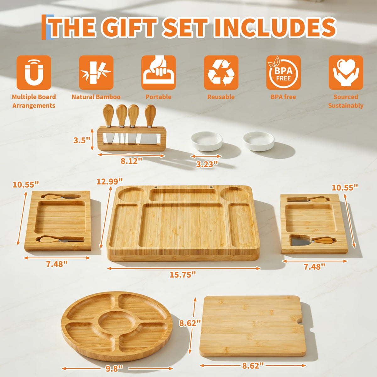 Bamboo Charcuterie Boards Gift Set, Large Cheese Board with Knives for Serving Meat & Cheese Platter, House Warming Gifts New Home, Wedding Gift for Couple, Bridal Shower, Birthday Gift for Women