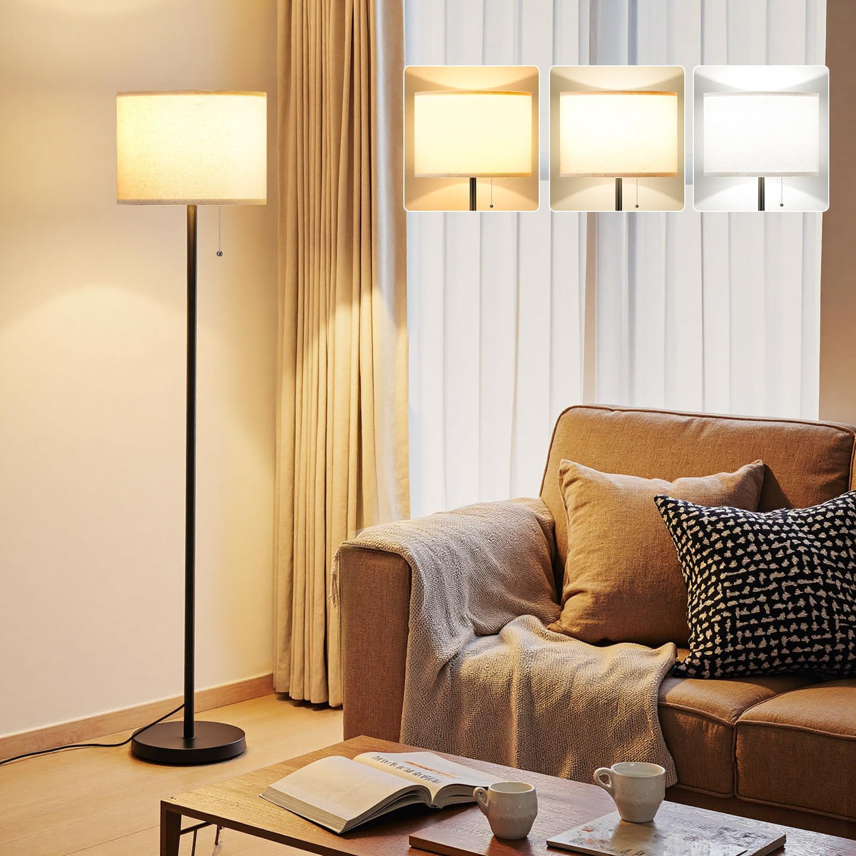 Ambimall Modern Standing Floor Lamp for Living Room & Bedroom with 3 Color Temperatures Bulb & Pull Chain Switch, 60" Tall with Beige Shade & Black Pole