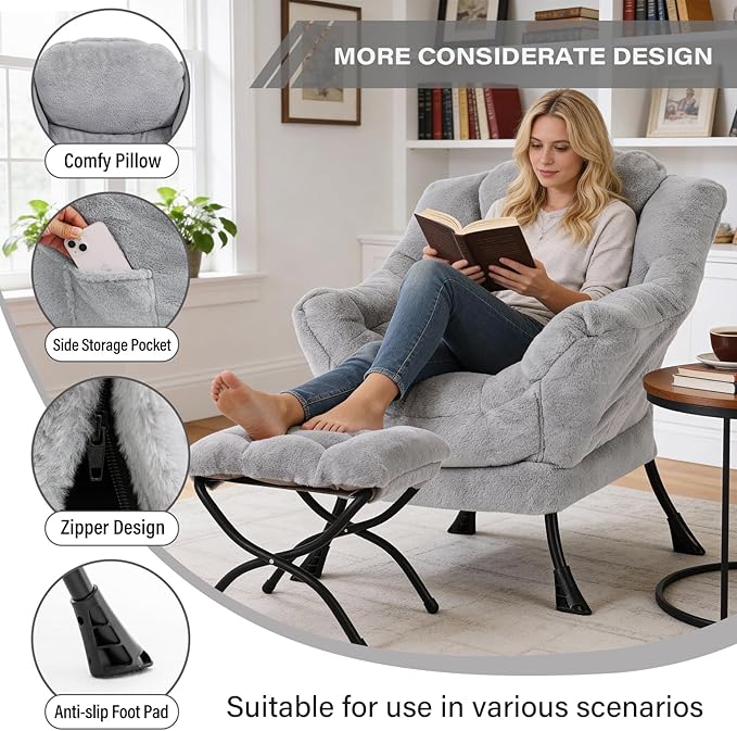 MBOOYOME Lazy Chair with Folding Ottoman, Modern Accent Armchair with Armrests
