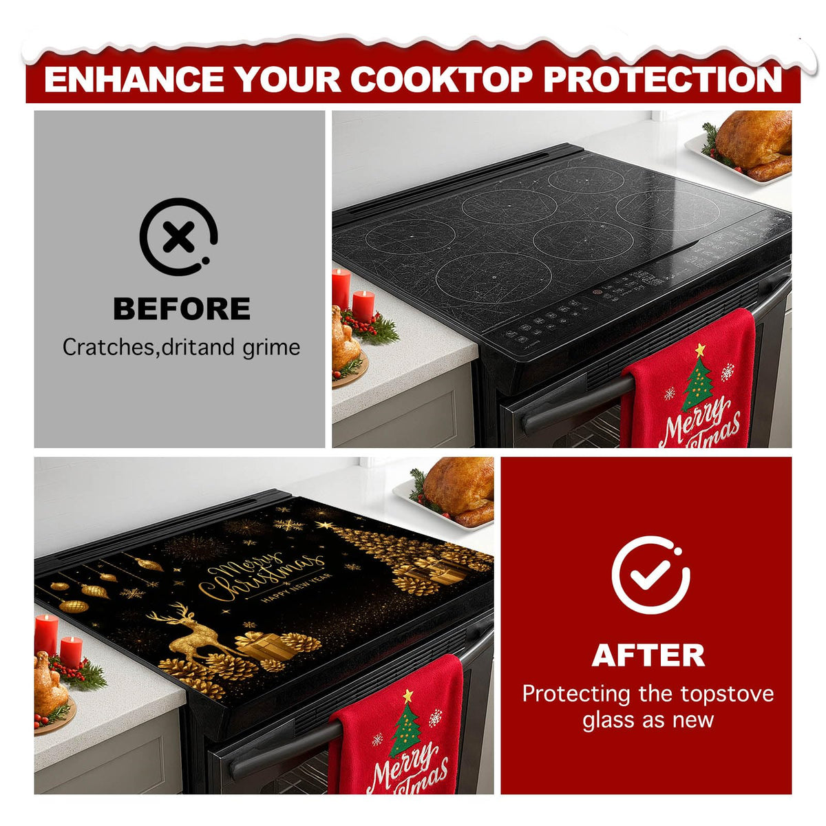 HOMETITUTE Christmas Stove Top Cover 28x20 Inch Glass Top Protector Silicone Cooktop Mat Heat Resistant Stovetop Cover Golden Deer Tree Holiday Kitchen Decoration