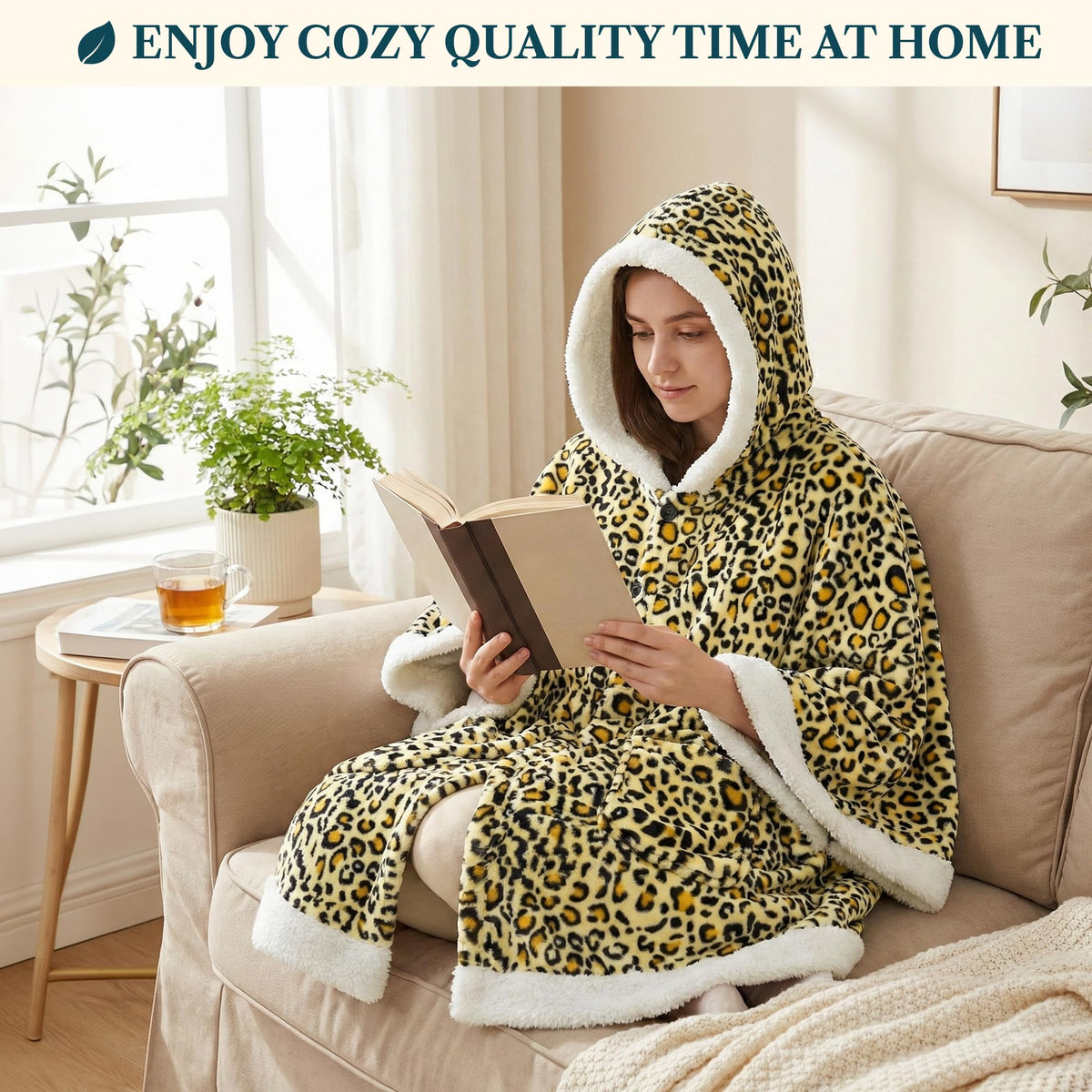 PAVILIA Hooded Blanket Poncho, Women Sherpa Fleece Shawl Wrap with Hood, Wearable Blanket Cozy Warm Poncho Cape Throw with Pockets, Gift for Elderly Mom, Cheetah Yellow
