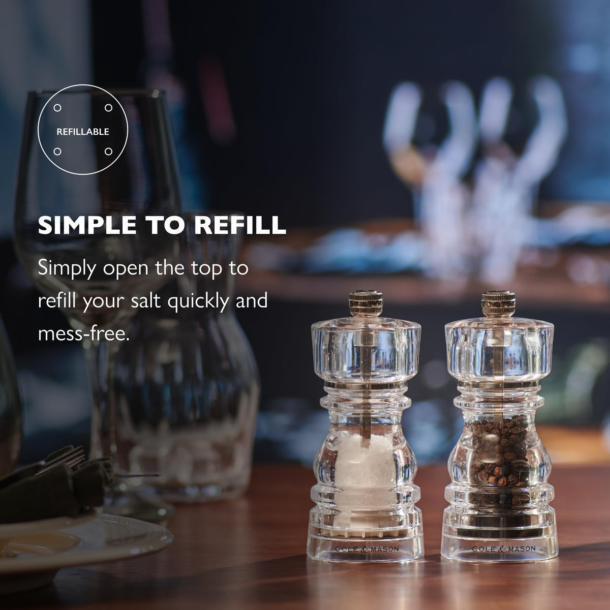 Cole & Mason London Acrylic Salt and Pepper Mill Set, 130mm, Precision+ Carbon/Ceramic Mechanisms, Salt and Pepper Grinders with Adjustable Grind, Gift Set