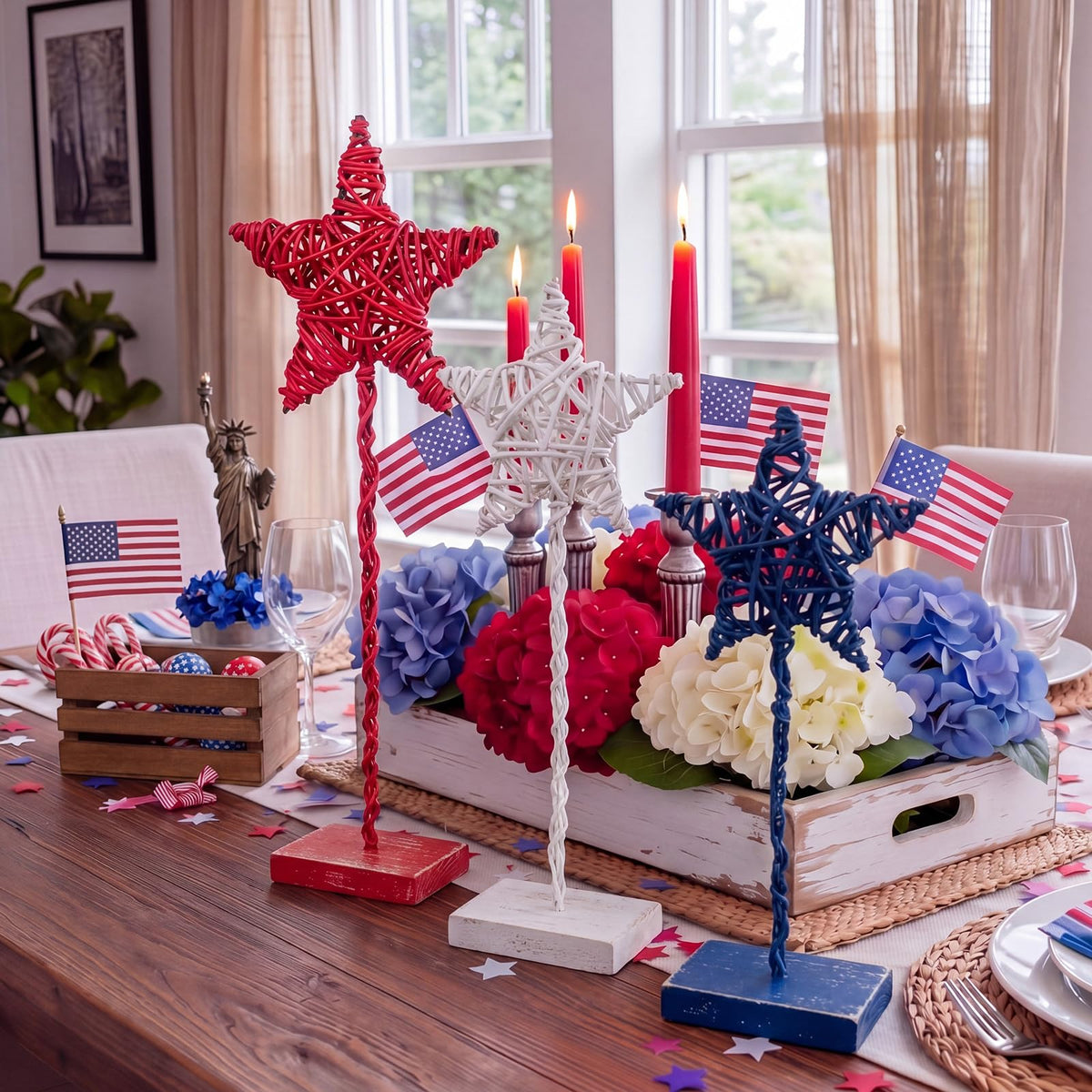 Tiamon 3 Pcs 4th of July Decorations, Metal Wood Patriotic Centerpieces Table Decor Red White Blue 3D Star Tray Sign Decor for Home Office USA July Fourth Independence Day 250th Anniversary Decoration