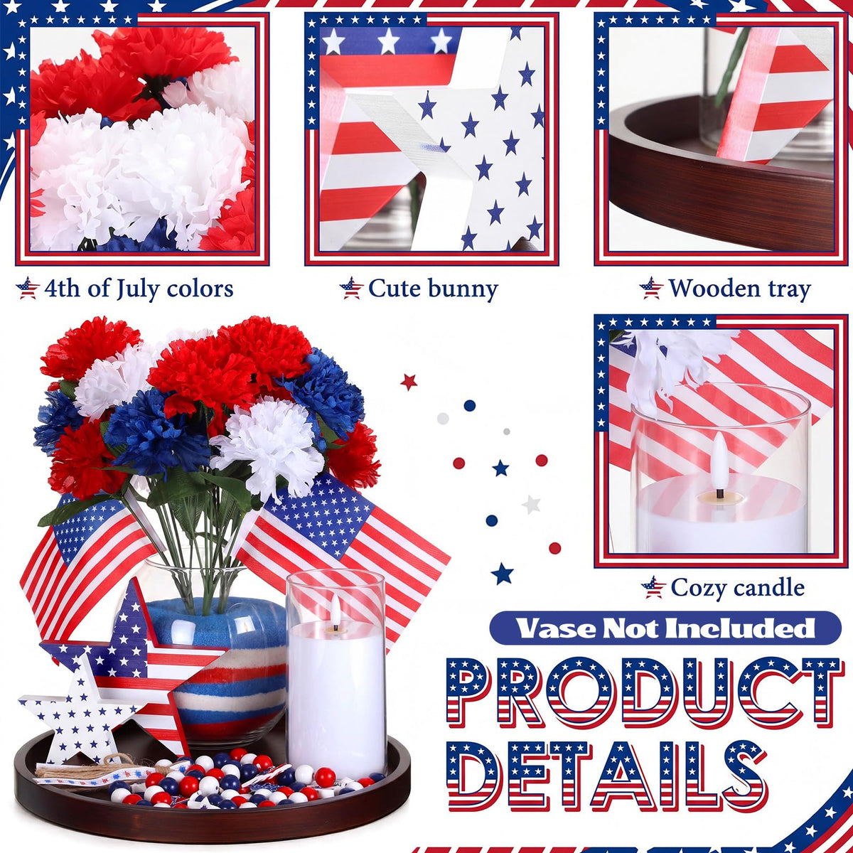 4th of July Decorations Centerpiece Table Decor, 250th Anniversary Patriotic Red White Blue Flowers with Mini Flags, Wooden Stars, Tray, LED Candle Bead Garland for Independence Day Party Home Decor