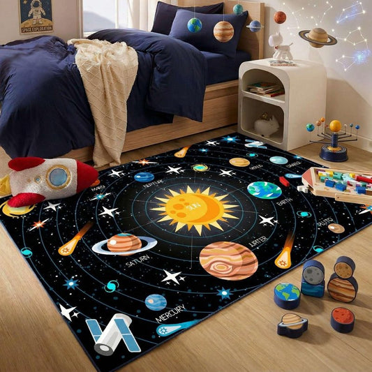 Outer Space Rugs Small Size Universe Solar System Planet Theme Carpets Kids Rugs for Playroom Educational Learning Area Rug for Living Room Bedroom Indoor Crystal Polyester Floor Sofa Mats, 2'×3'