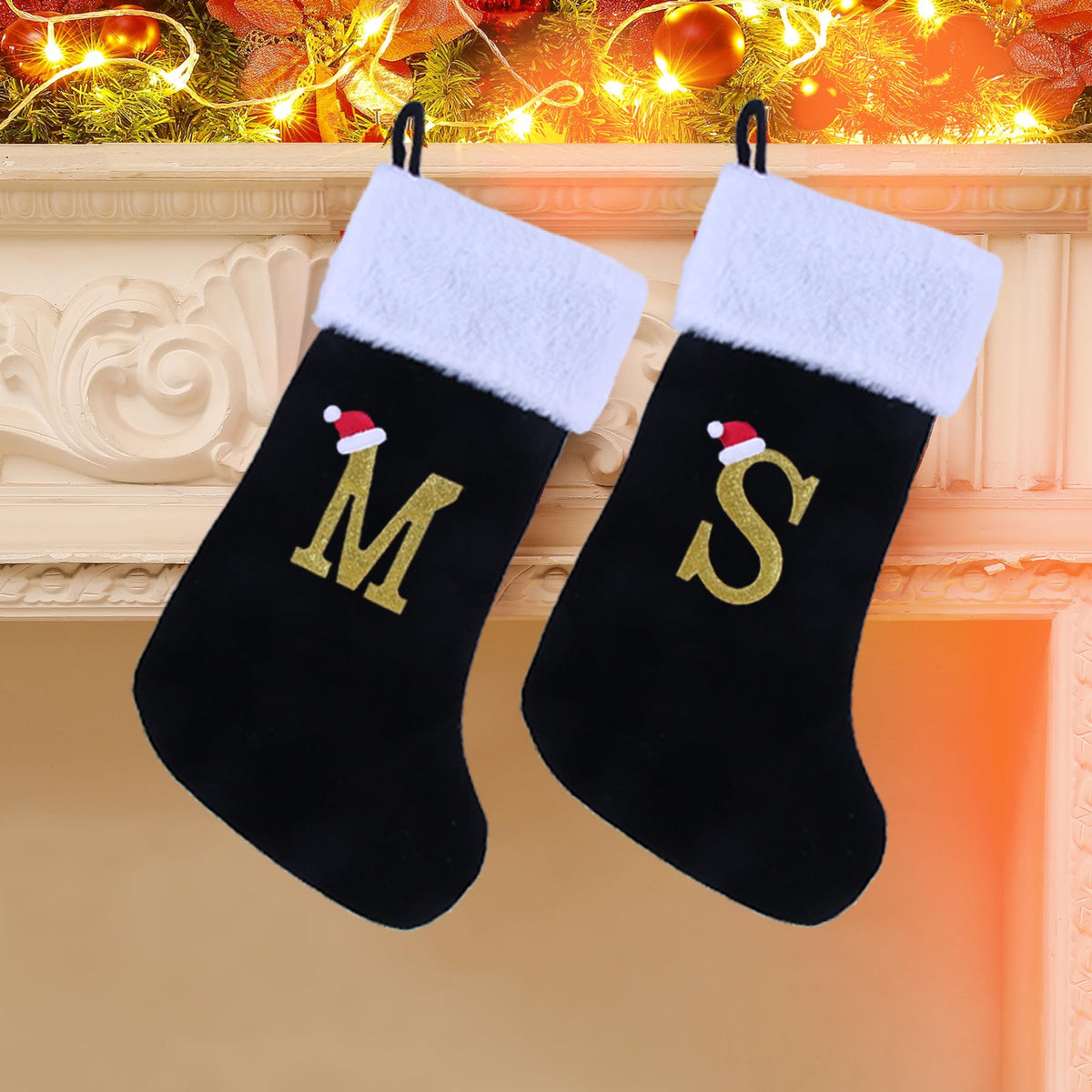 20 Inches Monogram Christmas Stockings with Letters, Large Super Soft Christmas Stockings Black Velvet with White Super Soft Plush Cuff for Xmas Tree Holiday Fireplace Gold Letter R