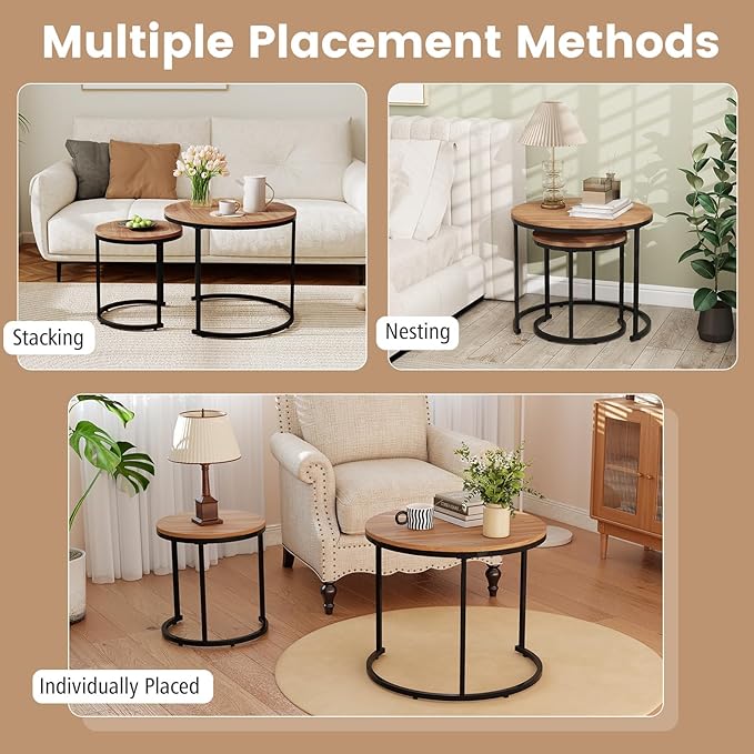 Giantex Nesting Coffee Table Set of 2, Round Stacking Side Tables w/Wooden
