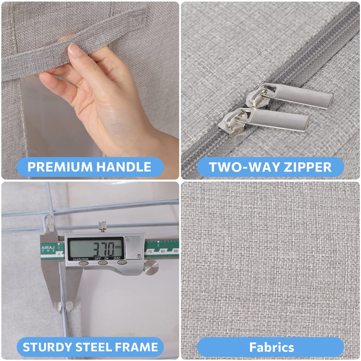CYhom Clothes Storage Bins Box - Linen Fabric Foldable Stackable Container Organizer Set with Clear Window & Carry Handles & Metal Frame (Light Grey, Medium-36L)