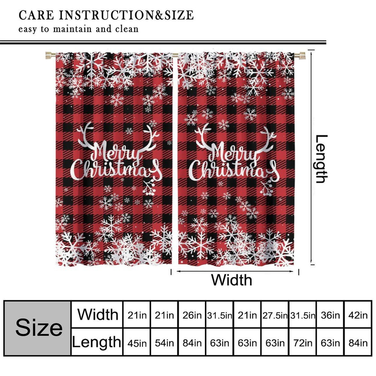 Christmas Curtains, Snowflake Decoration Printed Tartan Fabric, Bedroom Living Room Kitchen Dining Room Decor Curtains Window Treatment 2 Panels Set Total Size 42" W X 45" L Inch