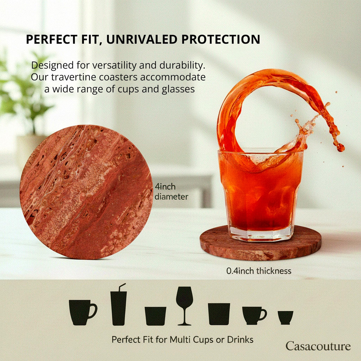 CASACOUTURE-Red Travertine-Stone-Coasters Set of 4-Round -4" Diameter Drink Coasters for Housewarming Desktop Protection Suitable for Various Cups - Sturdy and Durable Aesthetics
