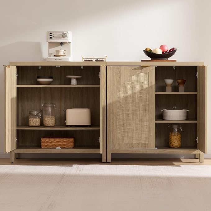 SICOTAS 102"W Rattan Sideboard Buffet Cabinet Set of 3, Mid Century Modern