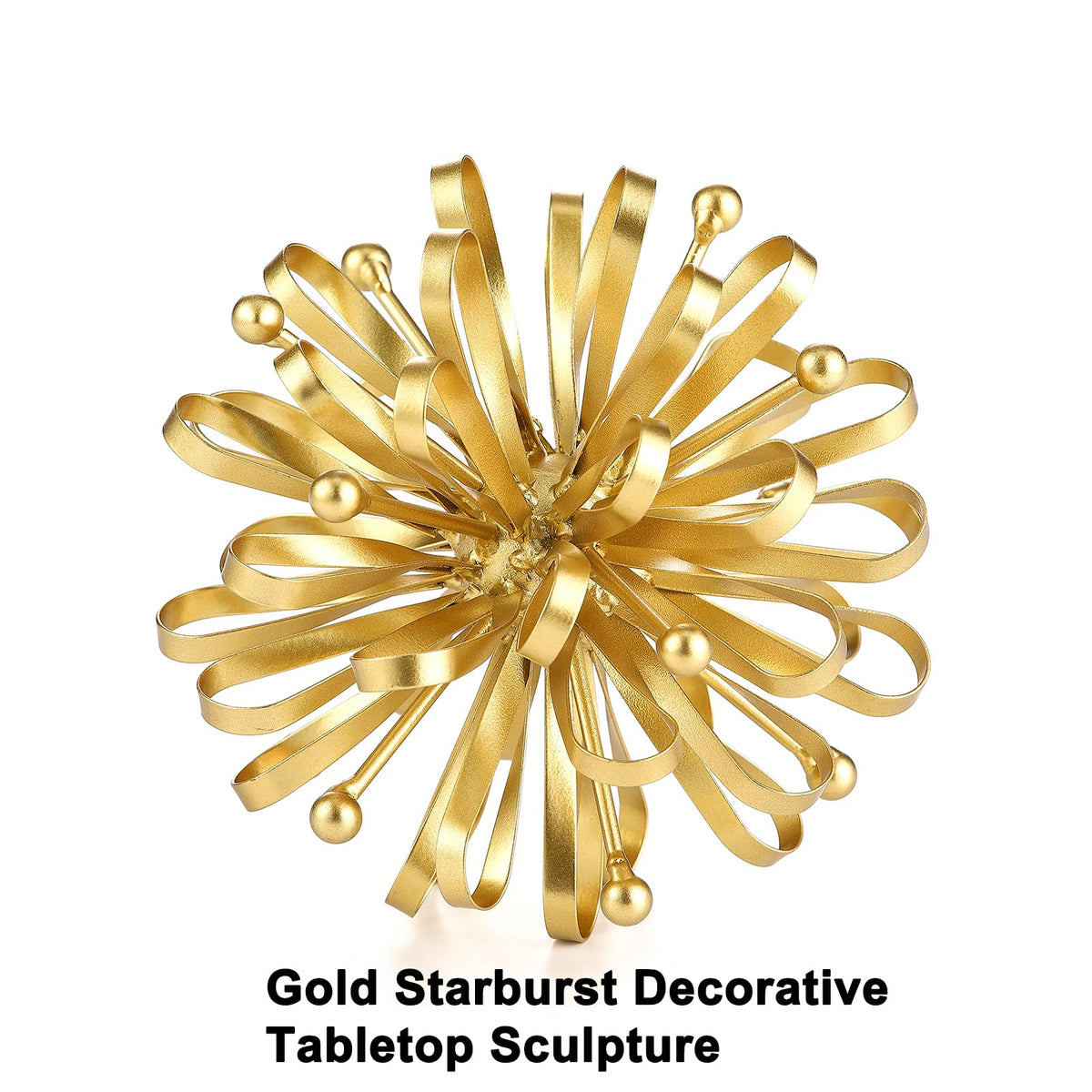 Retrome 6.7" Decorative Metal Starburst Tabletop Shelf Sculpture Accent, Gold Modern Table Decor, Looped Ribbon & Beads Edges Detailed