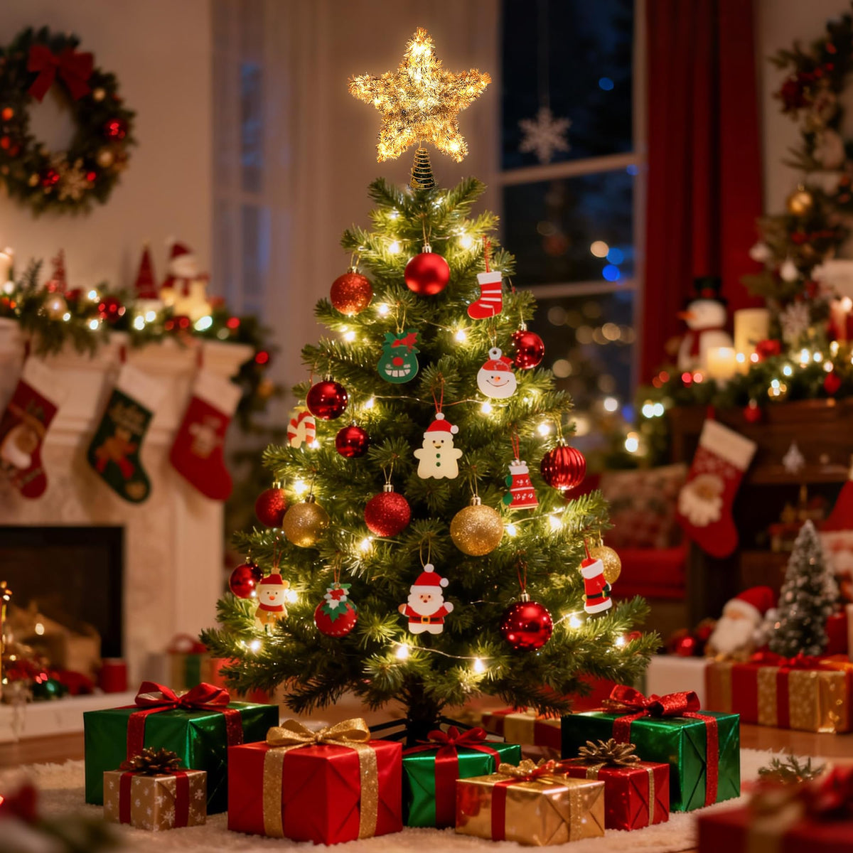 Joytry Christmas Tree Topper Star Shiny Gold Tinsel Star Tree Topper 10 Inch Lighted Tree Topper Battery Operated Christmas Tree Decoration for Holiday Indoor Decoration Warm White Light