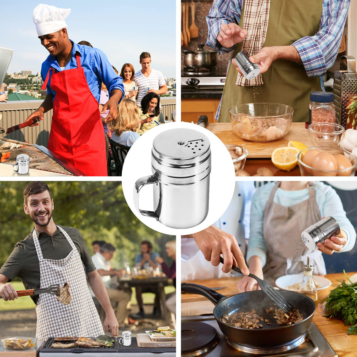 3Pcs Seasoning Bottle with Handle Stainless Steel Dredge Shaker Rub Spice with Holes Powdered Sugar Shaker with Lid Shaker Cooking Rotatable Cover for Spice Salt Shaker Dispenser