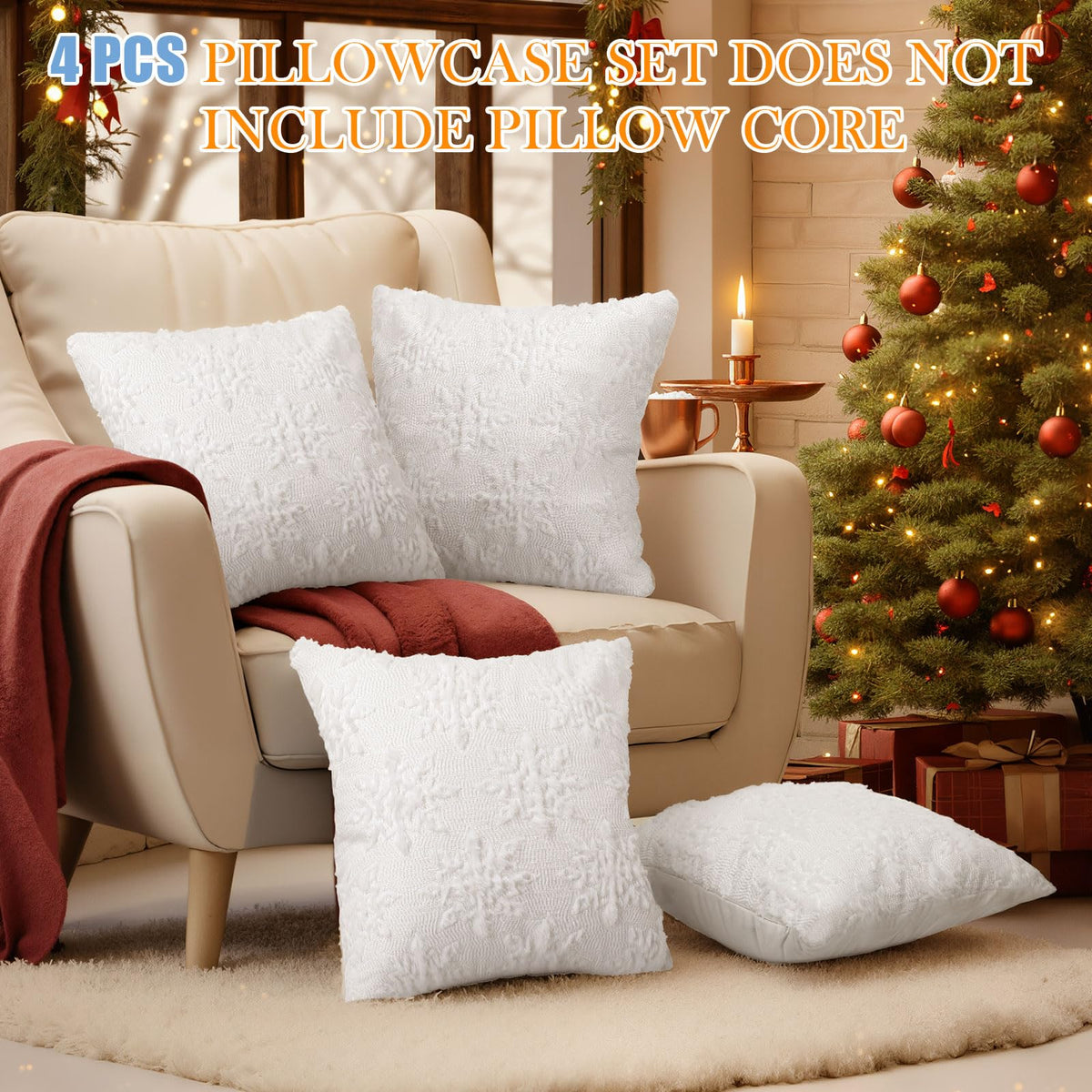 Tudomro 4 Pcs Snowflake Throw Pillow Covers White Winter Pillowcase 3D Embroidered Soft Plush Faux Fur Pillow Covers Winter Modern Home Decorative for Sofa Couch Bed(20 x 20 Inches)
