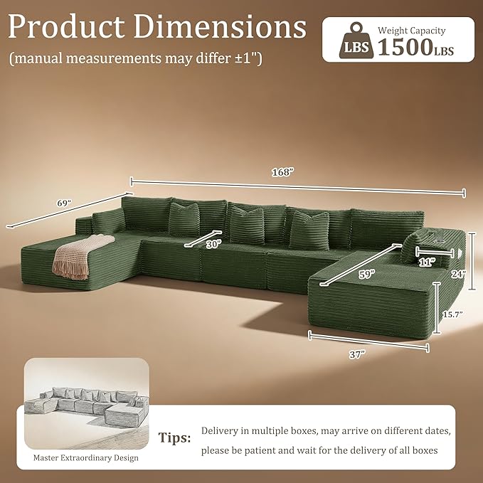 168" Cloud Sectional Couch, Comfort U Shaped Sofa