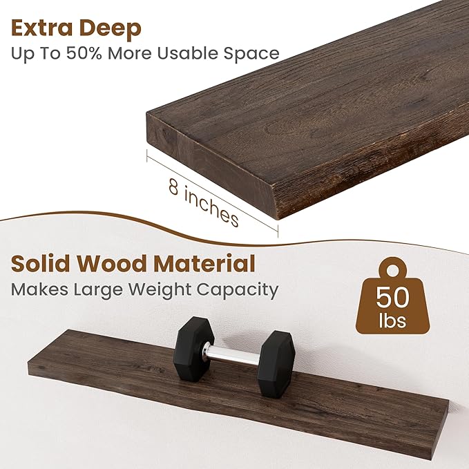 Floating Shelves for Wall Decor, Rustic Solid Elm Wood Live Edge Floating