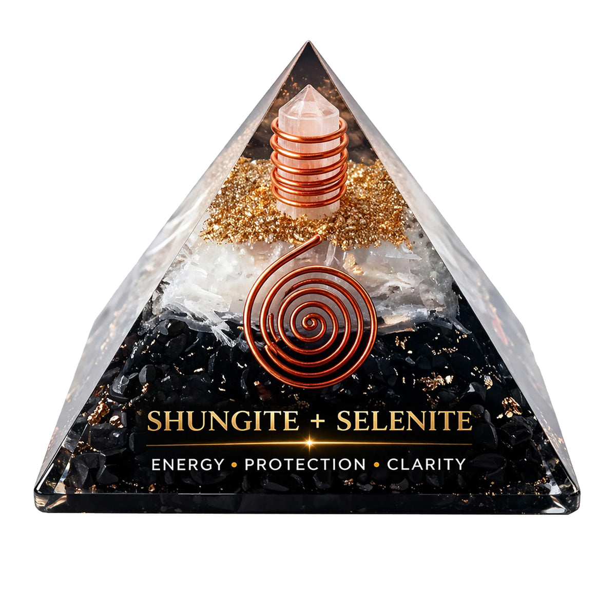 Shungite Orgonite Pyramid with Selenite – Handcrafted Crystal Pyramid for Home & Meditation Space