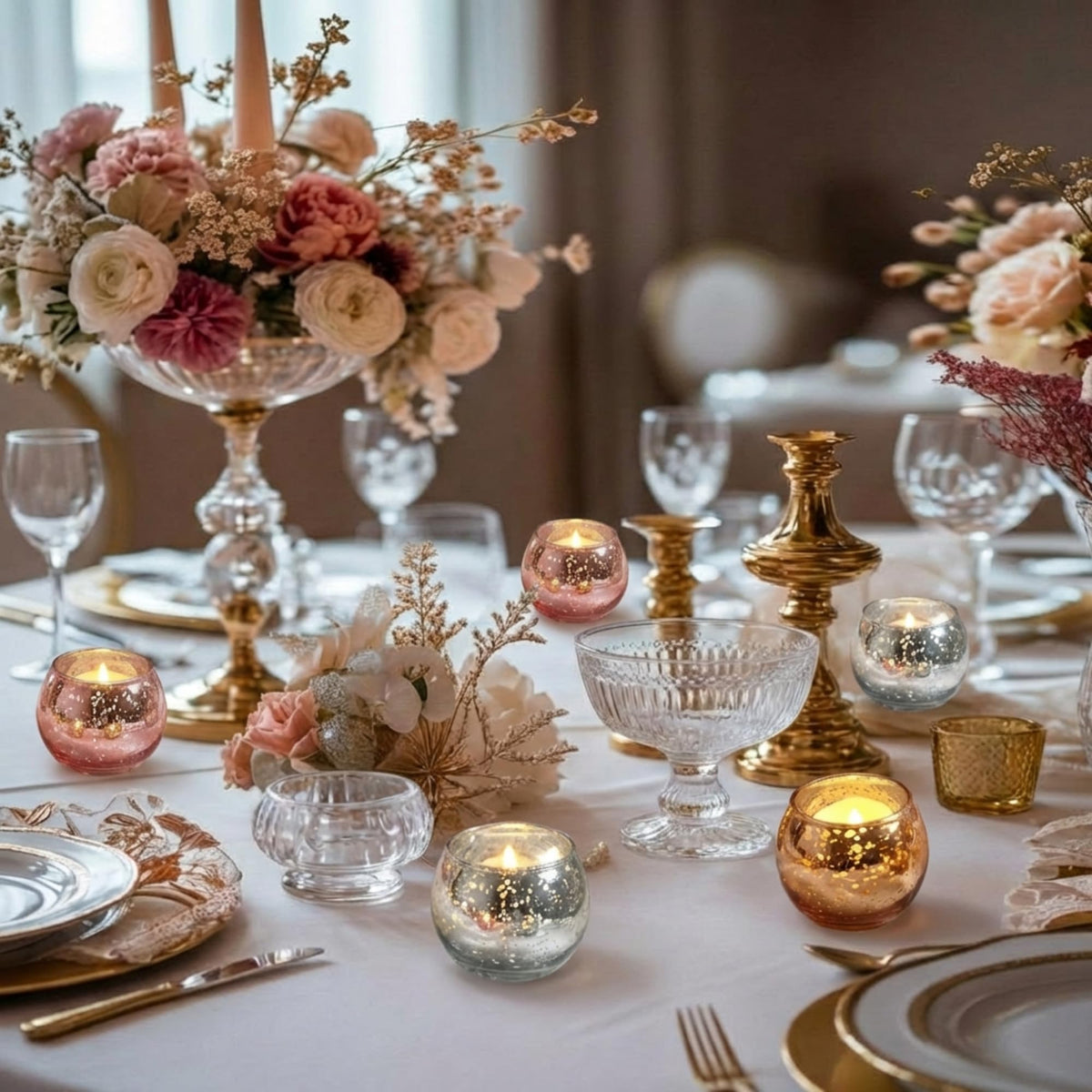 Rtteri 12 Set Votive Candle Holders Wedding Centerpiece Table Decorations Speckled Mercury Glass Votive Candle Holders with Tea Lights Birthday Party Decorations for Home (Gold)