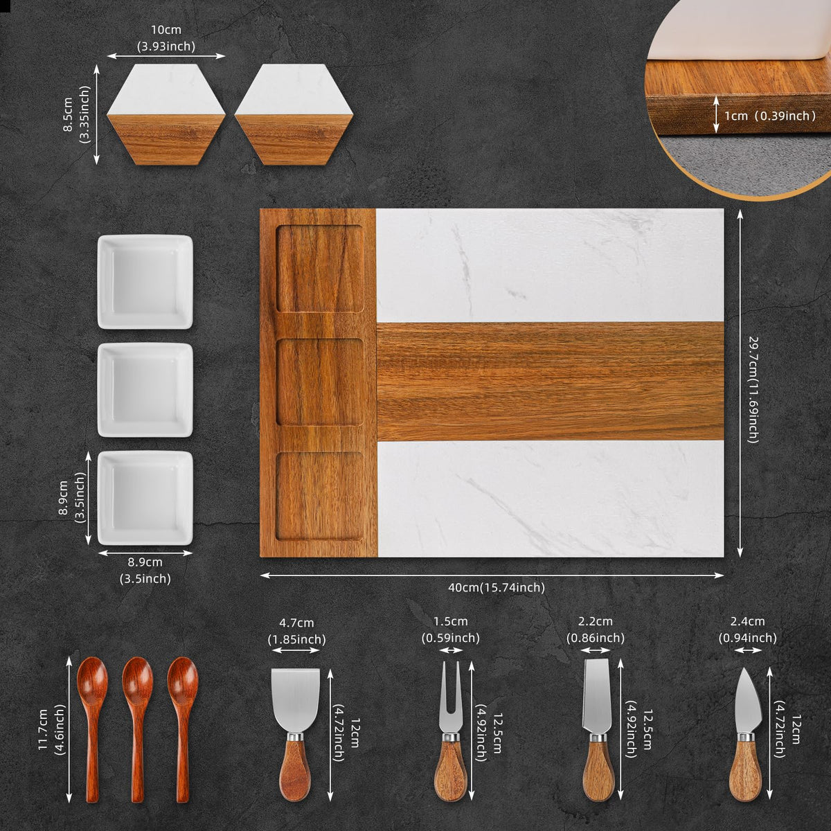 Charcuterie Board Set, Marble Cheese Boards, 15.74“ Wood - Marble Cheese Board Set for Couples 2026, Valentine's Day, Bridal Shower, Housewarming Gifts New Home, Gifts for Women
