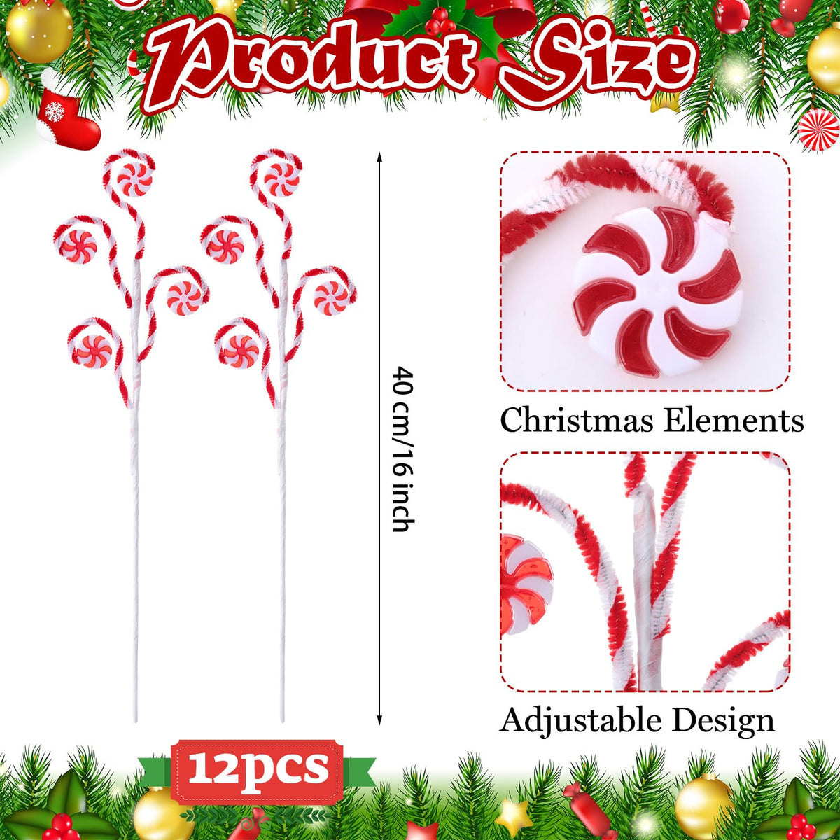 Suncalla 12 Pcs Red White Candy Cane Christmas Picks 16" Large Furry Spiral Curly Sprays Elf Ornaments Stems for Christmas Tree Topper Filler Party Vase Filler Wreath Garland