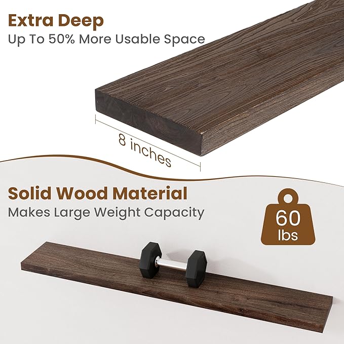 Floating Shelves for Wall Decor, 8 Inch Deep Rustic Solid Elm Wood Floating