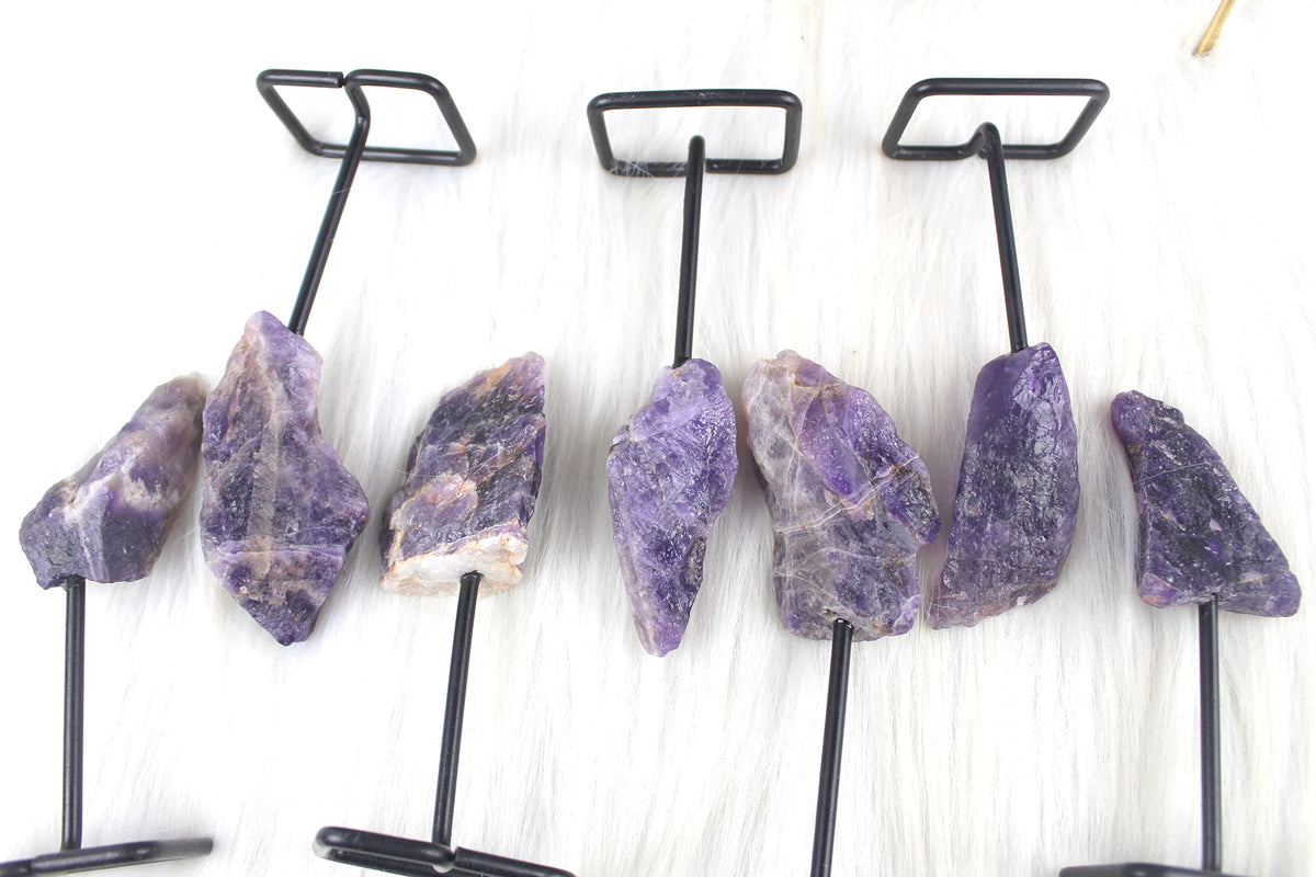 Jet Raw Cluster Stone Metal Stand Healing Crystals Stone for Home Office Decoration Small 4.5-5 Inch Tall (Amethyst)