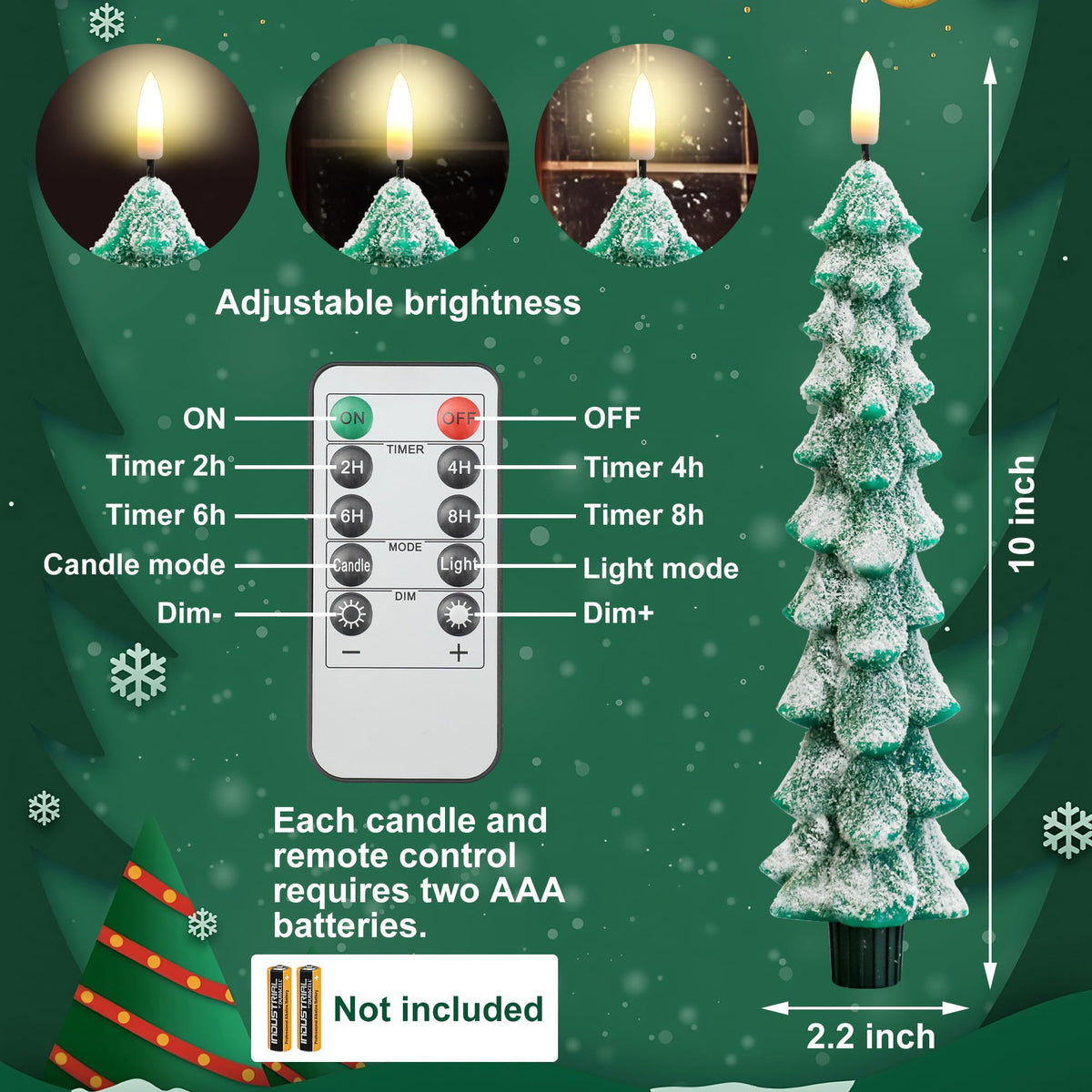 4 PCS Christmas Tree Candles with Remote Timer 10 Inch LED Flameless Taper Candles Wax Battery Operated Candlesticks Green Window Candle with 3D Wick Flickering for Xmas Holiday Gifts Party Home Decor