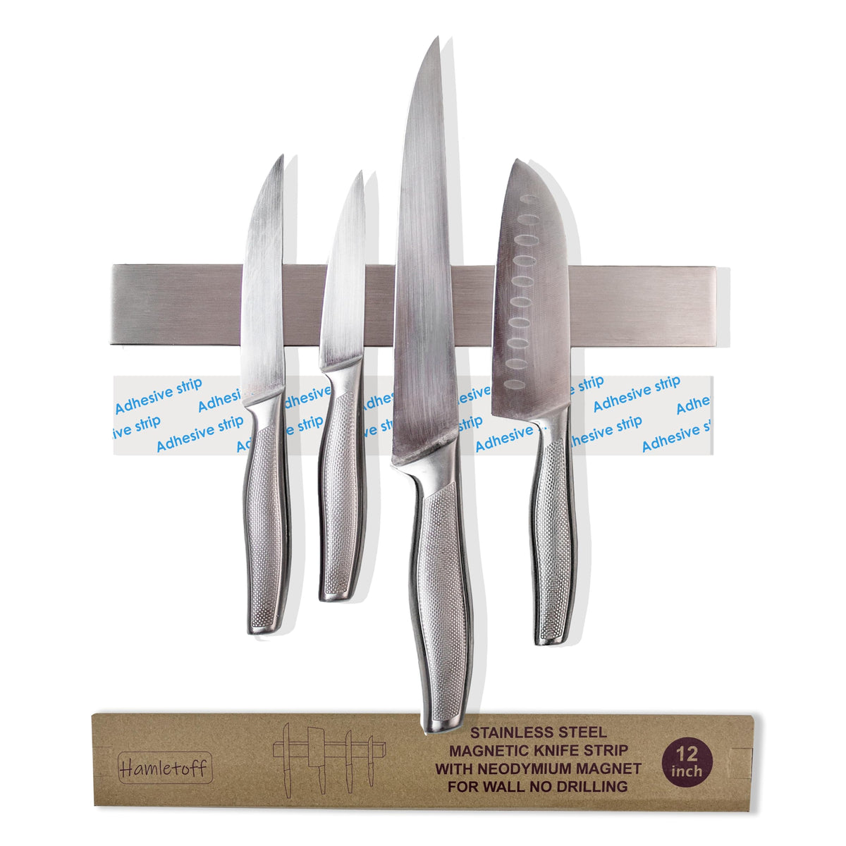 Hamletoff Premium Magnetic Knife Strip for Wall no Drilling – 12 Inch Stainless Steel Magnetic Knife Holder with Neodymium Magnet Strong Adhesive Tape - Lightweight Kitchen Magnet Knife Bar