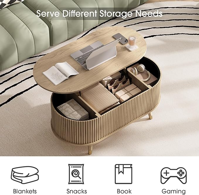SULIVES Oval Coffee Table with Storage, Small Fluted Center Table