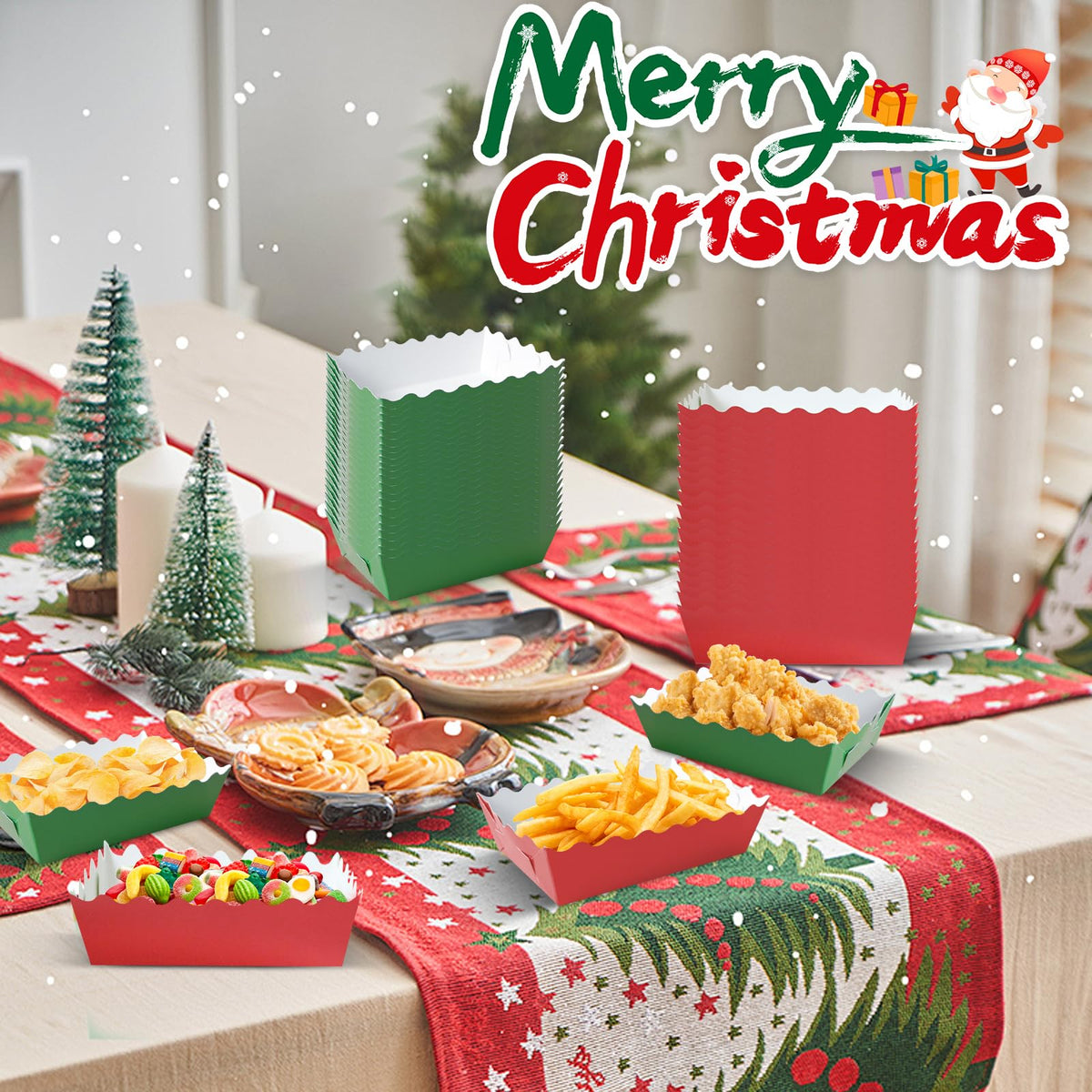 100 Pcs Christmas Paper Food Trays Christmas Cookie Tray for Gift Giving Red and Green Scalloped Food Serving Boat Disposable Trays for Serving Snack Xmas Holiday Party Decorations