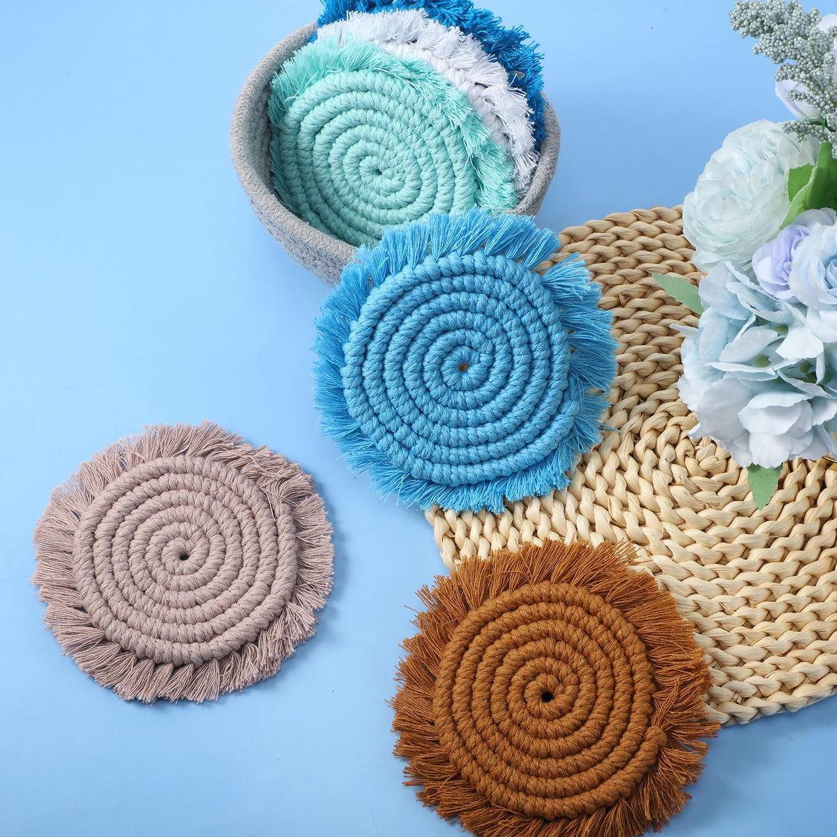 Coasters Set of 6 for Drinks Boho Absorbent Woven Cotton Coaster with Holder Farmhouse Tassel Macrame Cup Mat Housewarming Gift for Coffee Table Home Kitchen Office Decoration, 4 in(Ocean)