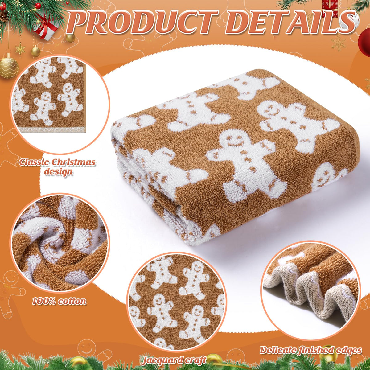 Shemilly 2pcs Christmas Hand Towels Brown Xmas Gingerbread Jacquard Hand Towel for Bath 100% Cotton Thick Soft Bathroom Kitchen Decorative Set for Christmas Winter Holiday Decor Gift,18 x 28 Inch