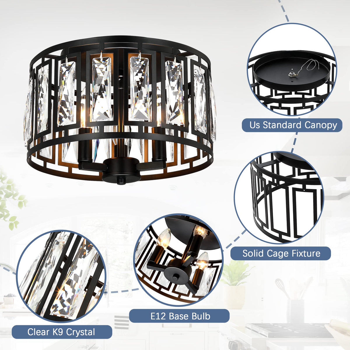 Giiland Crystal Ceiling Light Flush Mount for Bedroom, Kitchen Island Crystal Drum Shade Lighting Fixture, 3-Light Black Ceiling Lamp for Dining Room