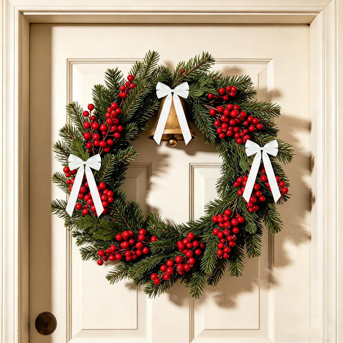 50Pcs White Satin Bows for Christmas Tree, 4 x 8 inch Xmas Ornaments with Pre-Made Twist Ties & Self-Adhesive, for Tree Cabinet Front Door Wreath Holiday Home Decor