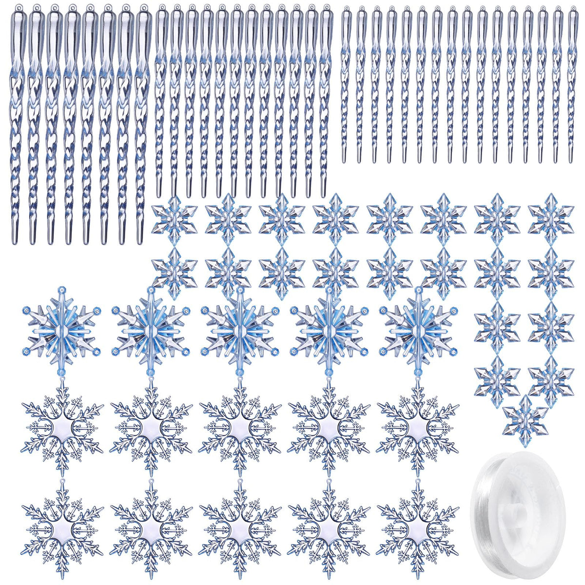 Chuangdi 72 Pcs Snowflake Icicle Ornaments for Christmas Tree Twisted Glitter Icicles Acrylic Hanging Drop Decoration for Winter Xmas Holiday Party New Year Outdoor Supplies(Clear Blue)
