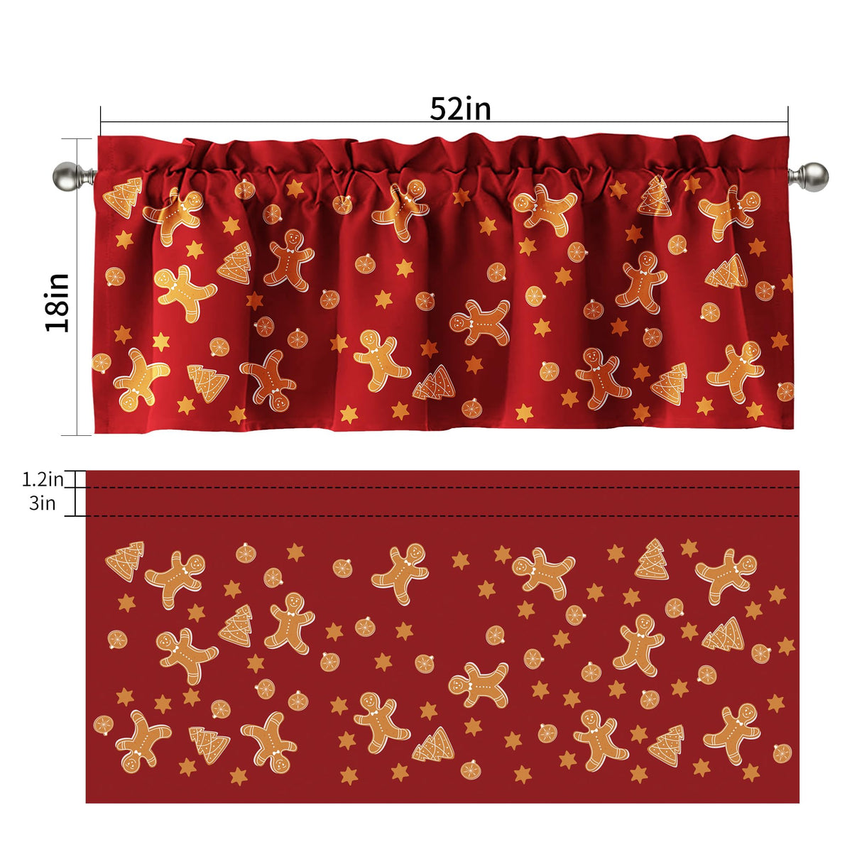 SUNWISHA Christmas Curtain Valances Set 52x18'' - Lively Gingerbread Men/Trees/Stars - Holiday Inspired Character Decor - Rod Pocket Kitchen/Bathroom/Laundry Winter Valances Red