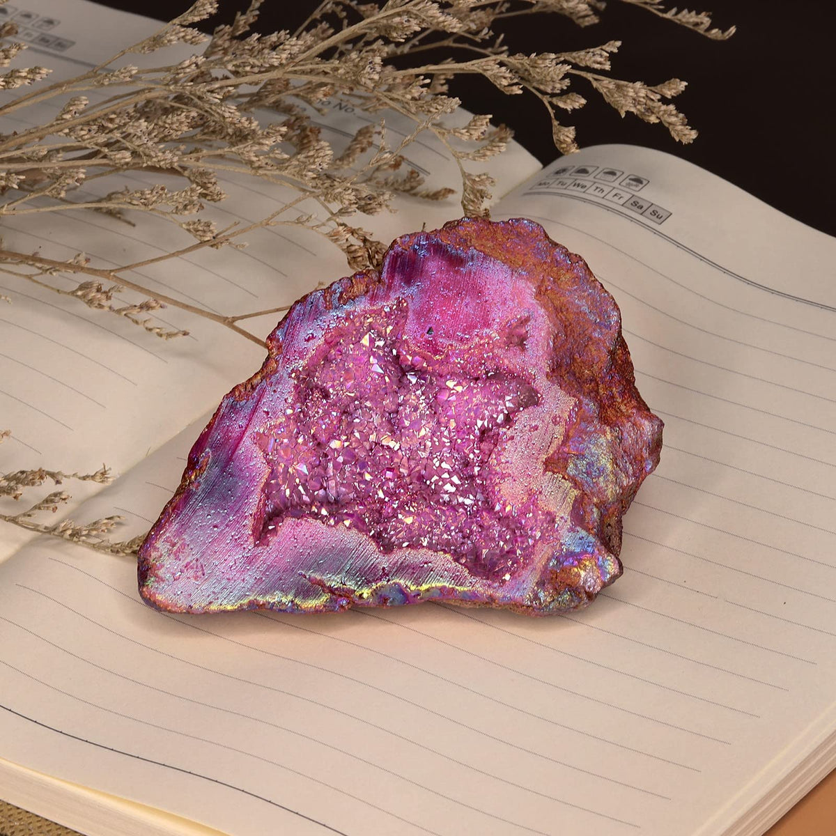 TUMBEELLUWA Irregular Titanium Coated Crystal Geode Stone Decor Natural Rainbow Rock Crystal Cluster Specimen for Home & Office, Fuchsia