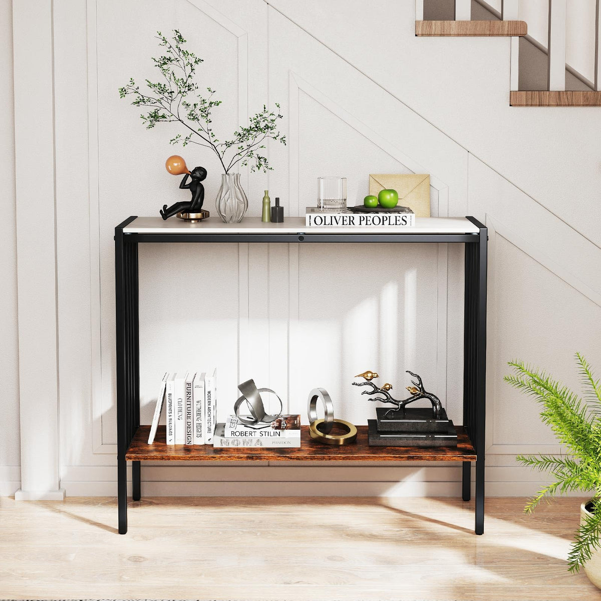 Giantex 36" Narrow Console Table, 2-Tier Industrial Entryway Table with Open Storage Shelves & Metal Frame, Faux Marble Sofa Table Behind Couch for Living Room, Hallway, Foyer, White & Rustic Brown