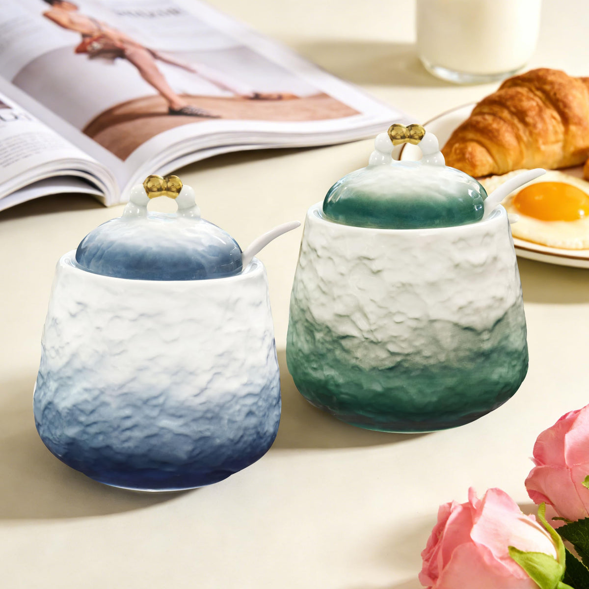 BarroSol Ceramic Sugar Bowl with Lid and Spoon,12oz Sugar Bowl with Gradient Texture, Sugar Container with Lid and Spoon Sugar Jar for Coffee Station Accessories,Dishwasher & Microwave Safe,Green