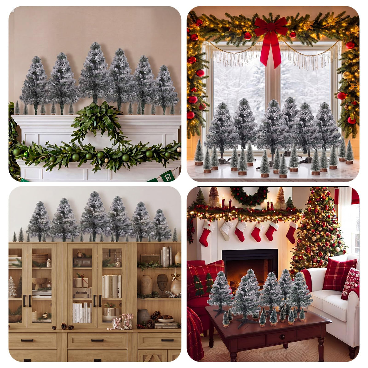Sanwuta 21 Pcs Above The Cabinet Christmas Tree Decor 6 Flocked Snowy Trees 15 Mini Snowy Brush Trees Over The Cabinet Decorations Winter Xmas Tree for Mantel Bookshelf Table Indoor Kitchen Decor