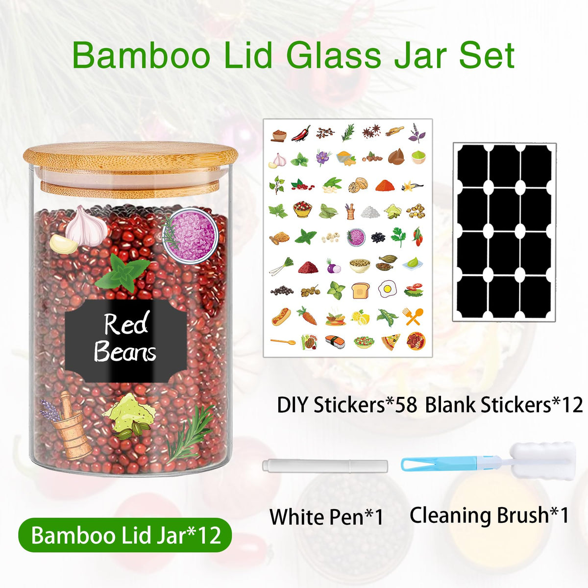 BGraceyy Glass Jars with Bamboo Lids 20 oz, 12 Pcs Stackable Kitchen Glass Pantry Storage Containers with Airtight Bamboo Lids for Rice, Candy, Sugar, Flour, Nuts, Cookie, Bean