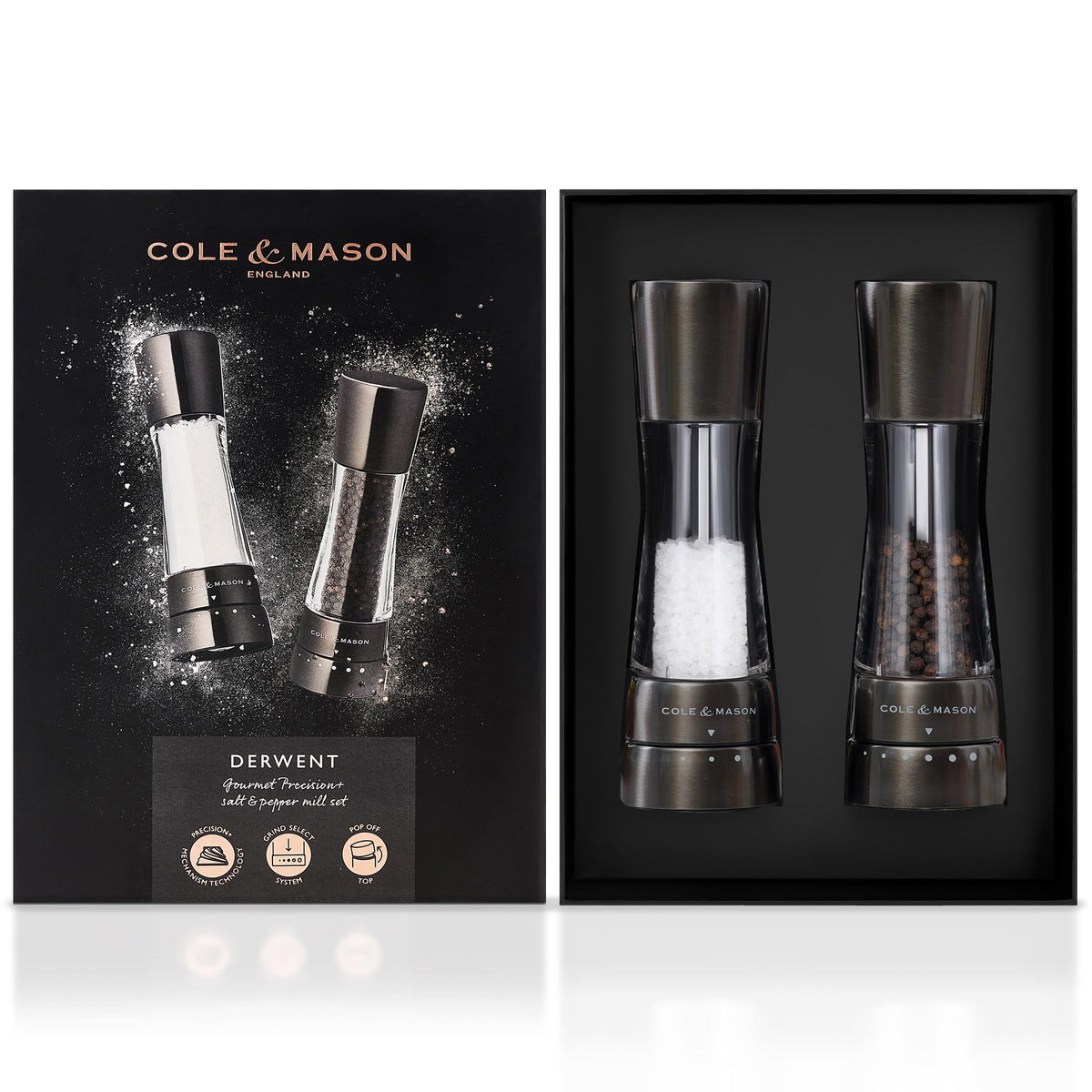Cole & Mason Derwent Salt and Pepper Grinder Set - Refillable Salt & Pepper Grinder Set with Gourmet Precision Mechanisms - Kitchen Accessories for Cooking - Gift Set, Iron Grey