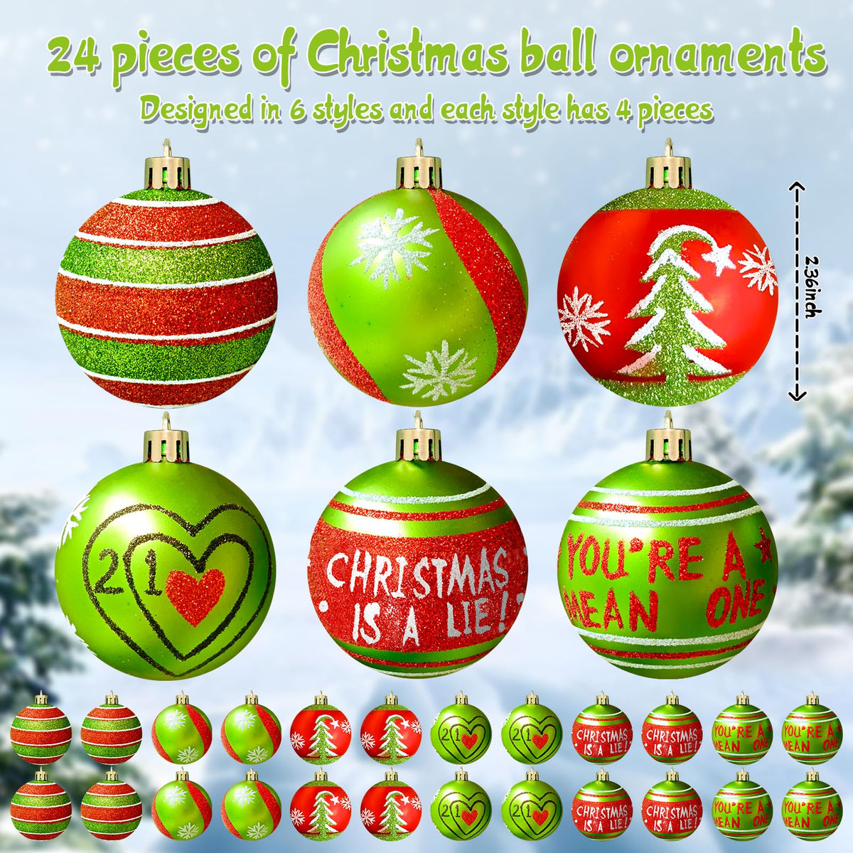 24 Pcs 2.4 Inch Christmas Ball Ornaments,Glittering Plastic Hanging Decorations Swirl Candy Cane Peppermint Red and Green Christmas Tree Pendants for Xmas Tree Decoration