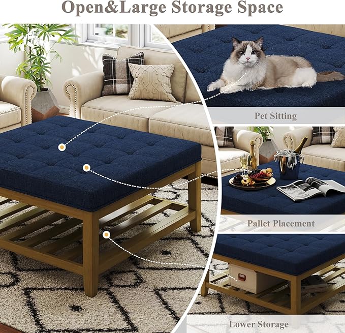 Befurtori Large Square Ottoman Coffee Table, Linen Solid Upholstered Footrest